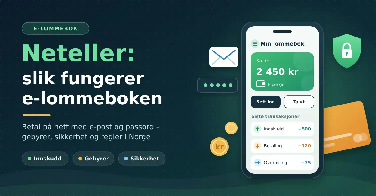 Illustrasjon med teksten «Neteller: slik fungerer e-lommeboken» ved siden av en mobiltelefon som viser saldo og transaksjoner i en e-lommebok, omgitt av konvolutt, passordfelt, sikkerhetsskjold, mynter og betalingskort.