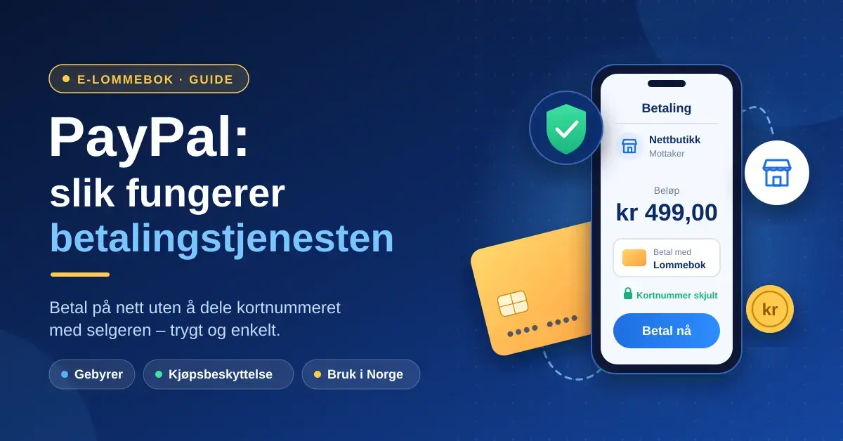 Illustrasjon av en mobiltelefon med en nettbetaling på 499 kroner der kortnummeret er skjult, omgitt av et bankkort, et sikkerhetsskjold og en nettbutikk, ved siden av teksten «PayPal: slik fungerer betalingstjenesten».
