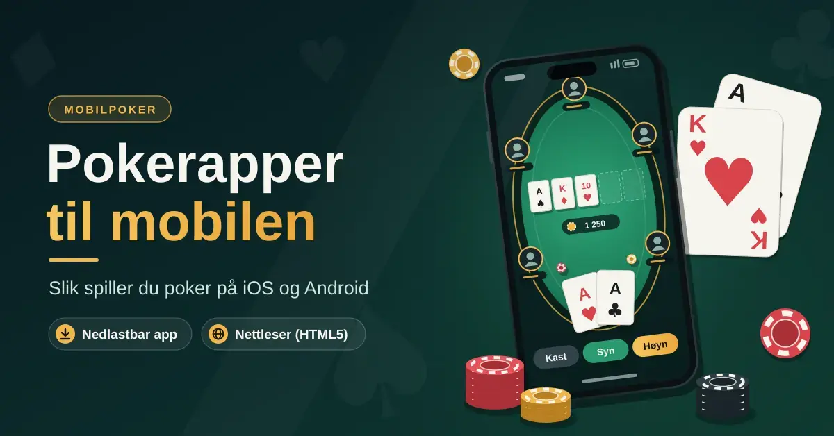 Illustrasjon av en mobiltelefon med et pokerbord på skjermen, omgitt av spillkort og sjetonger, med teksten «Pokerapper til mobilen».