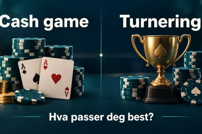 Grafisk sammenligning av cash game og turnering i poker, med spillkort, mynter og sjetonger til venstre og en gullpokal med sjetonger til høyre.