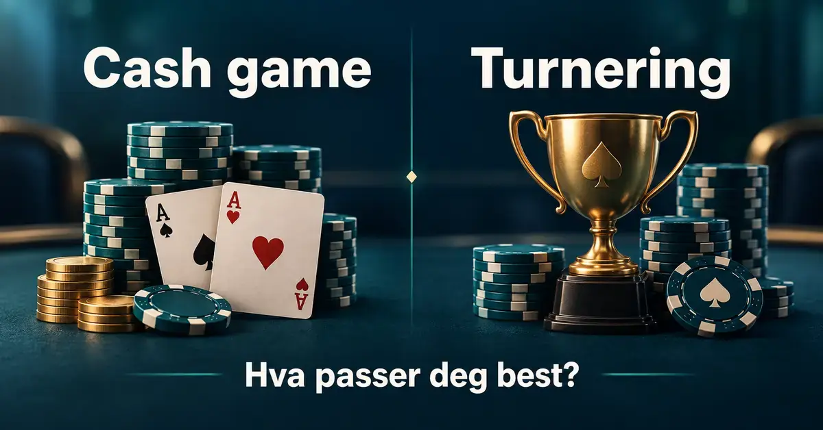 Grafisk sammenligning av cash game og turnering i poker, med spillkort, mynter og sjetonger til venstre og en gullpokal med sjetonger til høyre.