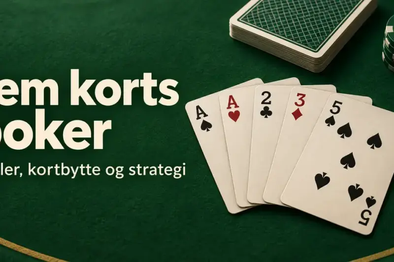 Fem spillkort med et par i ess, en kortstokk og pokerjetonger på grønn filt ved siden av teksten «Fem korts poker – Regler, kortbytte og strategi».