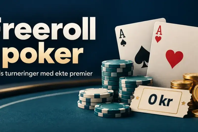 To ess, pokerjetonger og gullmynter ved siden av en billett merket «0 kr» illustrerer freeroll i poker med gratis deltakelse og ekte premier.