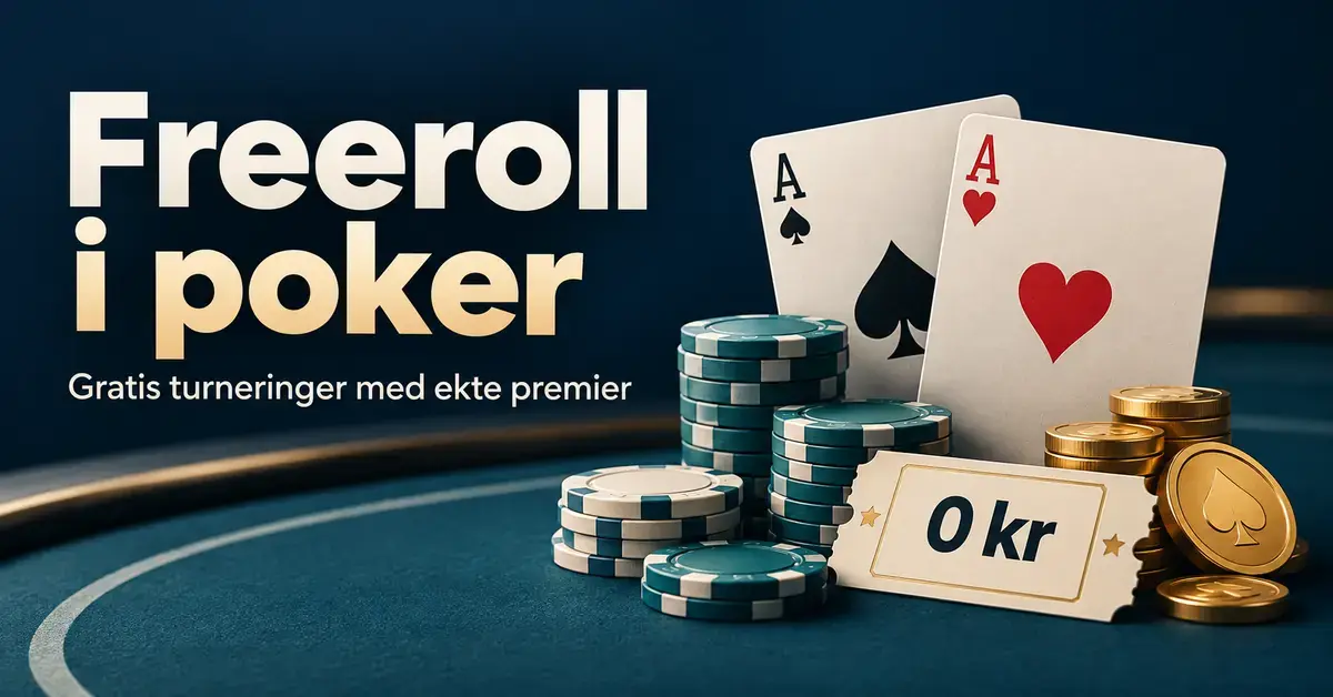 To ess, pokerjetonger og gullmynter ved siden av en billett merket «0 kr» illustrerer freeroll i poker med gratis deltakelse og ekte premier.