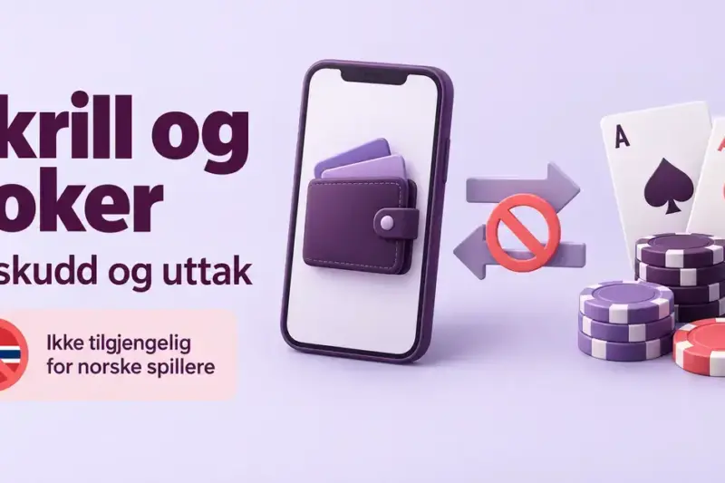 Illustrasjon av en digital lommebok, pokerkort og sjetonger med sperresymbol som viser at Skrill ikke er tilgjengelig for pokerbetalinger for norske spillere.