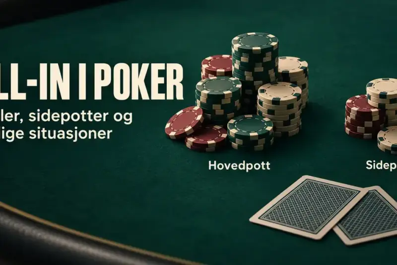 Pokersjetonger fordelt i hovedpott og sidepott på et grønt pokerbord med to kort og teksten «All-in i poker – Regler, sidepotter og vanlige situasjoner».