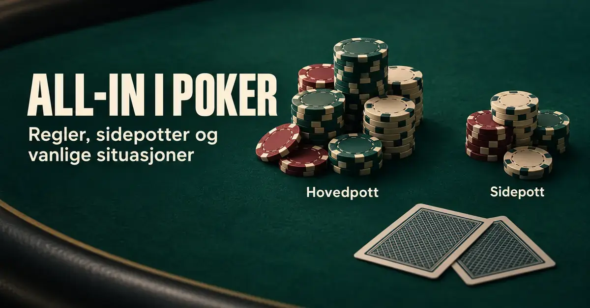 Pokersjetonger fordelt i hovedpott og sidepott på et grønt pokerbord med to kort og teksten «All-in i poker – Regler, sidepotter og vanlige situasjoner».