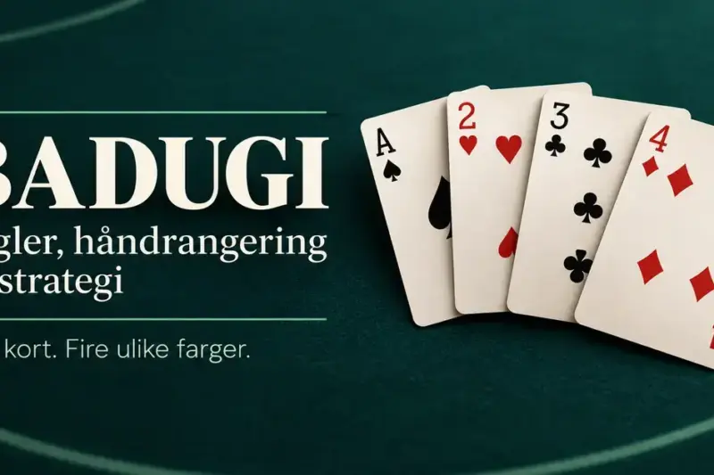 Illustrasjon av den beste Badugi-hånden med spar ess, hjerter to, kløver tre og ruter fire på grønn filt, ved siden av teksten «Badugi – regler, håndrangering og strategi».