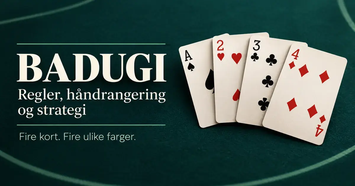 Illustrasjon av den beste Badugi-hånden med spar ess, hjerter to, kløver tre og ruter fire på grønn filt, ved siden av teksten «Badugi – regler, håndrangering og strategi».