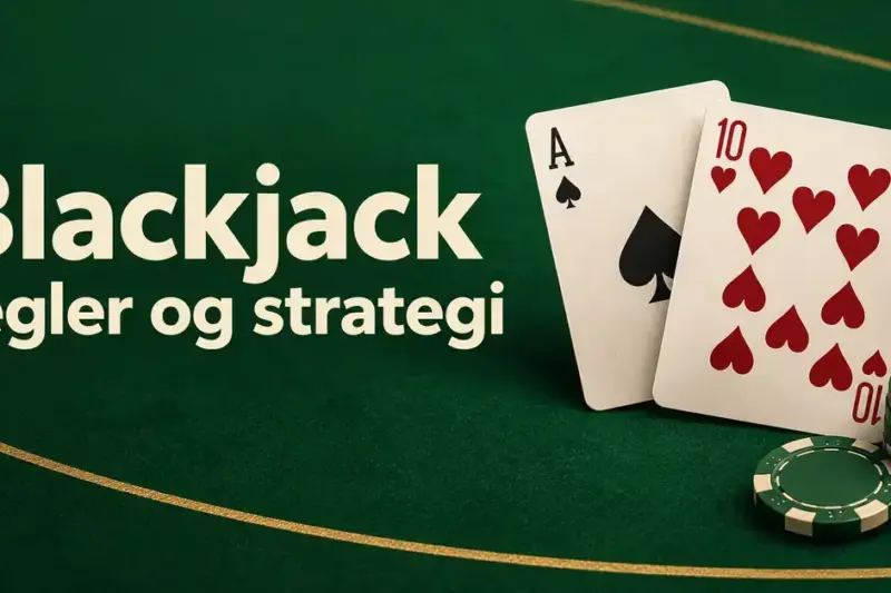 Spar ess og hjerter ti danner blackjack på et grønt bord med sjetonger og teksten «Blackjack regler og strategi».
