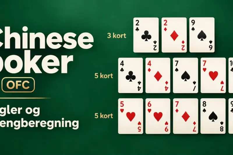 Illustrasjon av Chinese poker (OFC) med tre, fem og fem kort fordelt på tre rader på grønn bakgrunn og teksten «Regler og poengberegning».