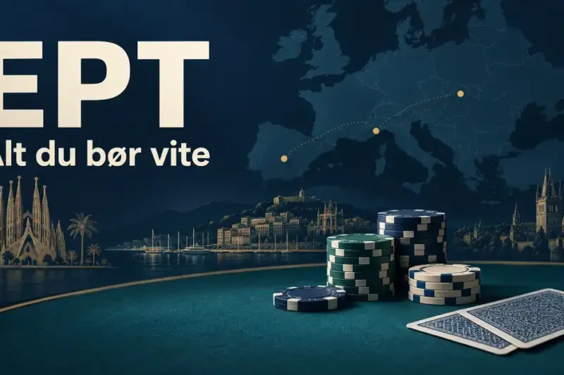 Grafikk med teksten «EPT – Alt du bør vite», pokerbrikker og spillkort foran et europakart og europeiske bymotiver.