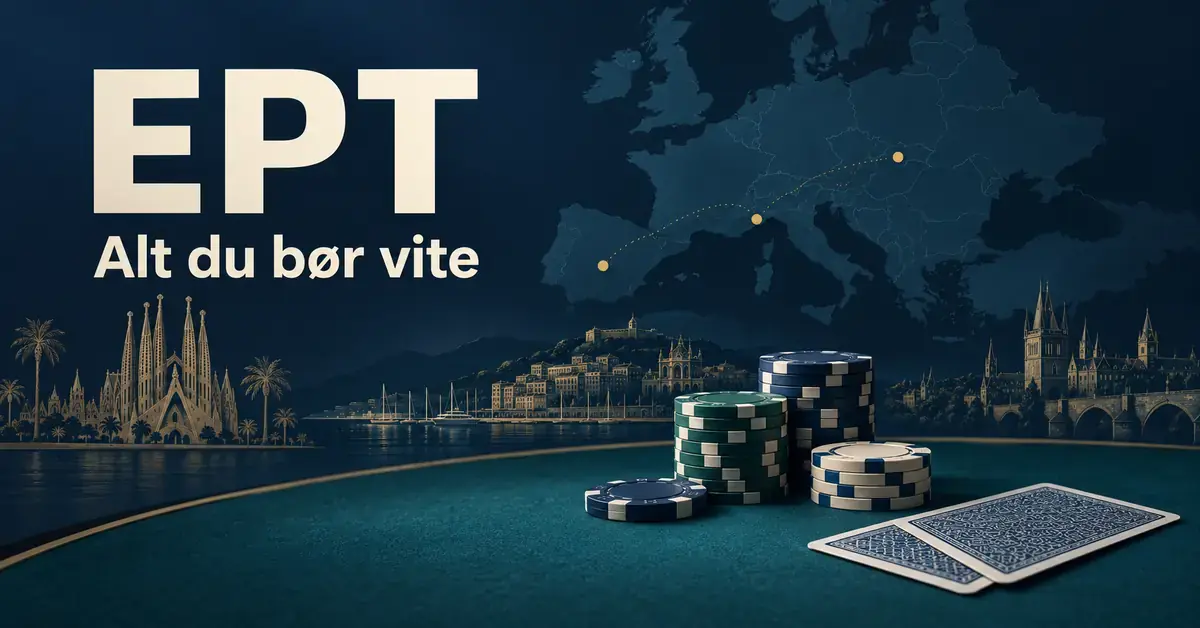 Grafikk med teksten «EPT – Alt du bør vite», pokerbrikker og spillkort foran et europakart og europeiske bymotiver.