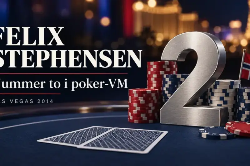 Pokergrafikk med sjetonger, spillkort, norsk flagg og et sølvfarget totall som symboliserer Felix Stephensens andreplass i WSOP Main Event i Las Vegas i 2014.