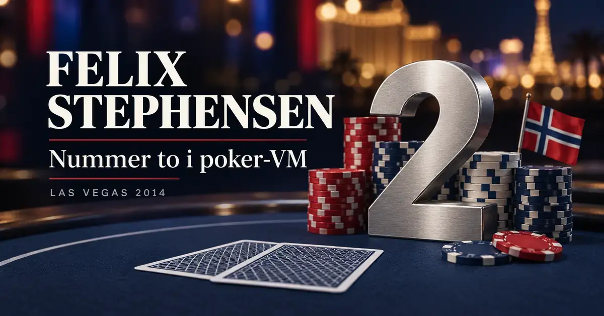 Pokergrafikk med sjetonger, spillkort, norsk flagg og et sølvfarget totall som symboliserer Felix Stephensens andreplass i WSOP Main Event i Las Vegas i 2014.
