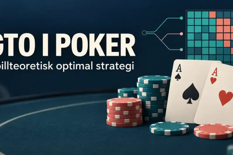 Illustrasjon av GTO i poker med to ess, pokerbrikker og en farget strategimatrise som symboliserer spillteoretisk optimal strategi.