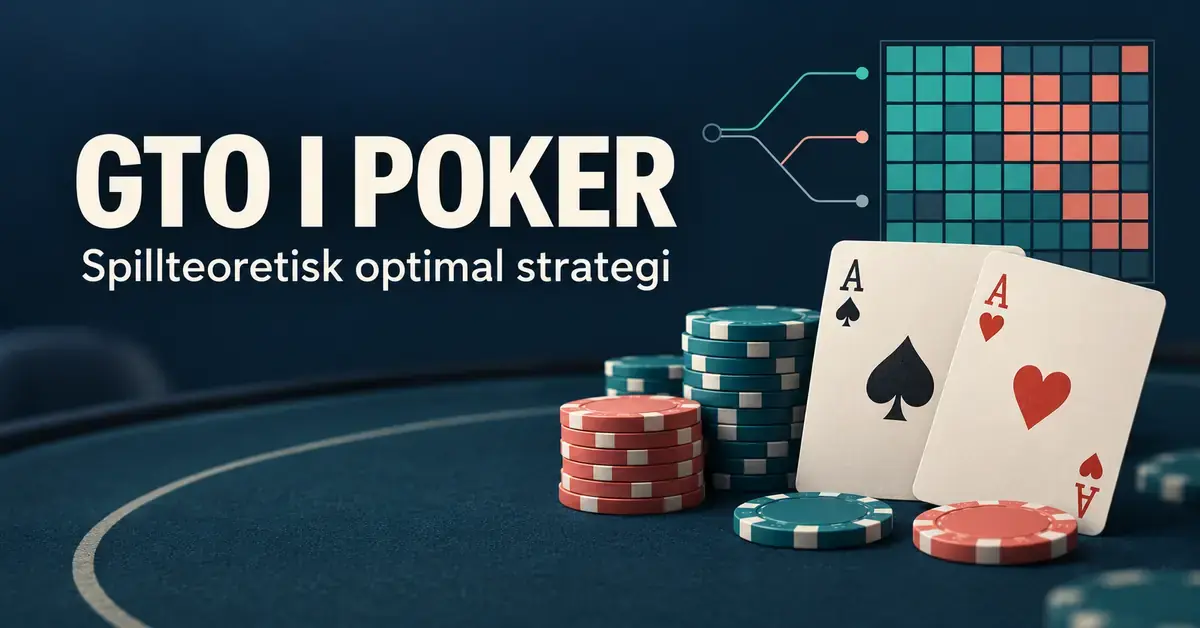 Illustrasjon av GTO i poker med to ess, pokerbrikker og en farget strategimatrise som symboliserer spillteoretisk optimal strategi.