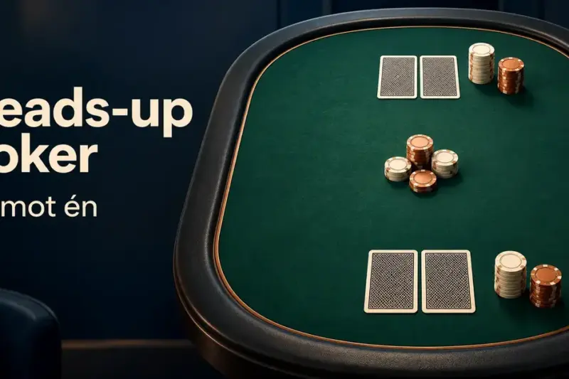 Illustrasjon av et grønt pokerbord med to motstående sett med kort og sjetonger og teksten «Heads-up poker – Én mot én».