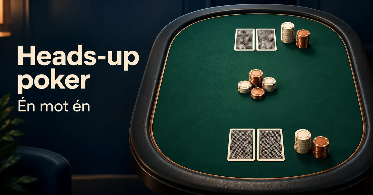 Illustrasjon av et grønt pokerbord med to motstående sett med kort og sjetonger og teksten «Heads-up poker – Én mot én».