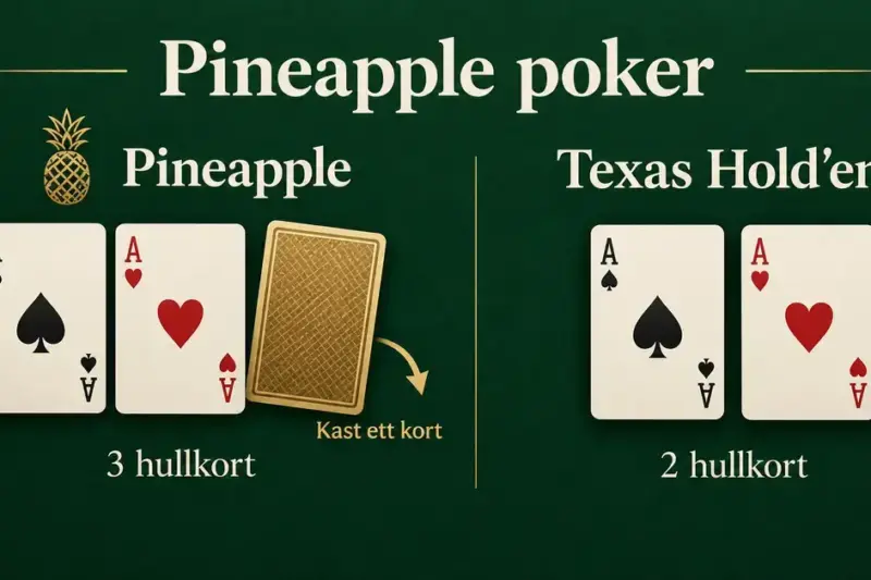 Illustrasjon som sammenligner tre hullkort i Pineapple poker, der ett kort kastes, med to hullkort i Texas Hold'em.