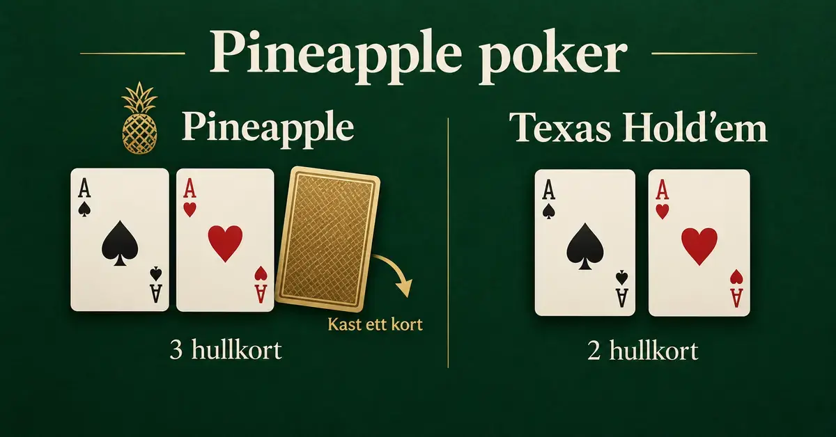 Illustrasjon som sammenligner tre hullkort i Pineapple poker, der ett kort kastes, med to hullkort i Texas Hold'em.