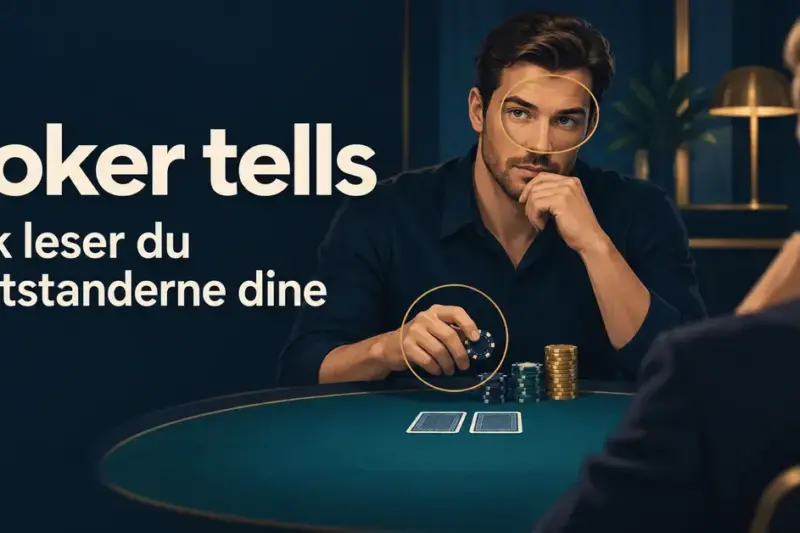 Illustrasjon av to pokerspillere ved et bord, med markeringer rundt blikket og sjetonghånden til den ene og teksten «Poker tells – Slik leser du motstanderne dine».