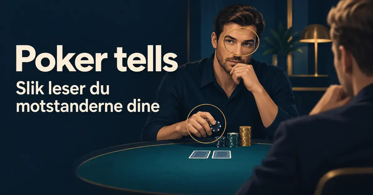 Illustrasjon av to pokerspillere ved et bord, med markeringer rundt blikket og sjetonghånden til den ene og teksten «Poker tells – Slik leser du motstanderne dine».