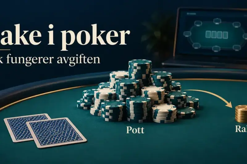 Illustrasjon av rake i poker, der en pil viser en liten avgift som skilles ut fra potten på et pokerbord med kort og en bærbar datamaskin i bakgrunnen.