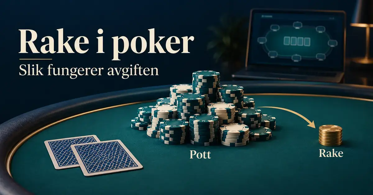 Illustrasjon av rake i poker, der en pil viser en liten avgift som skilles ut fra potten på et pokerbord med kort og en bærbar datamaskin i bakgrunnen.