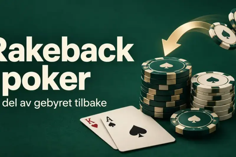 Pokerbrikker og spillkort på grønn bakgrunn med en pil som illustrerer tilbakebetaling av en del av pokergebyret gjennom rakeback.