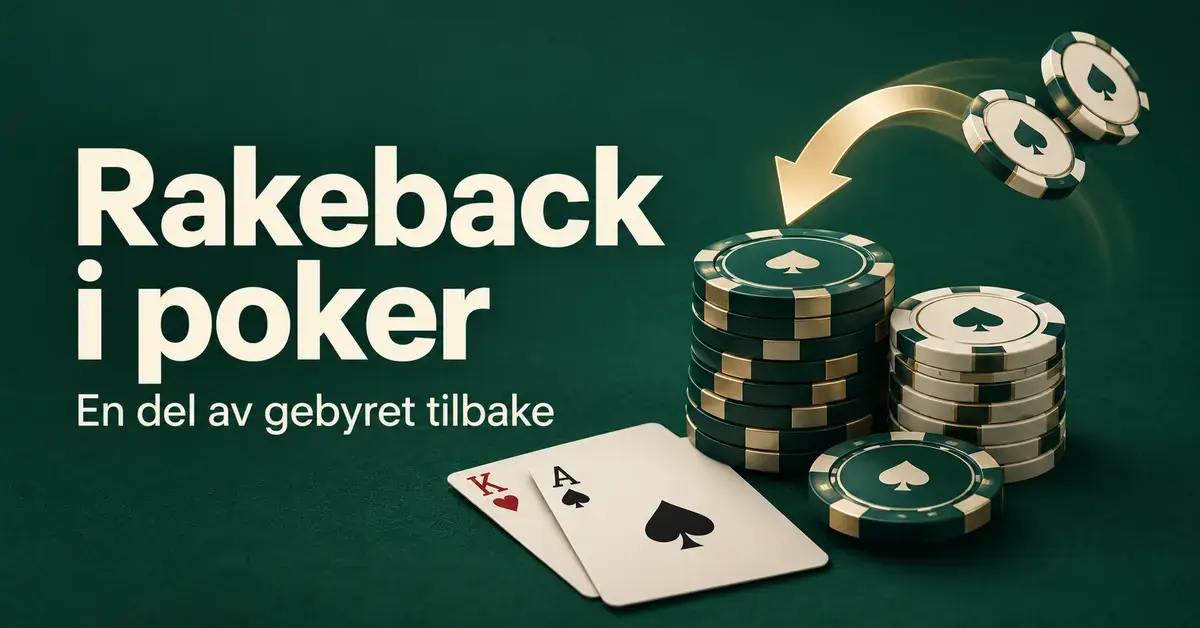 Pokerbrikker og spillkort på grønn bakgrunn med en pil som illustrerer tilbakebetaling av en del av pokergebyret gjennom rakeback.