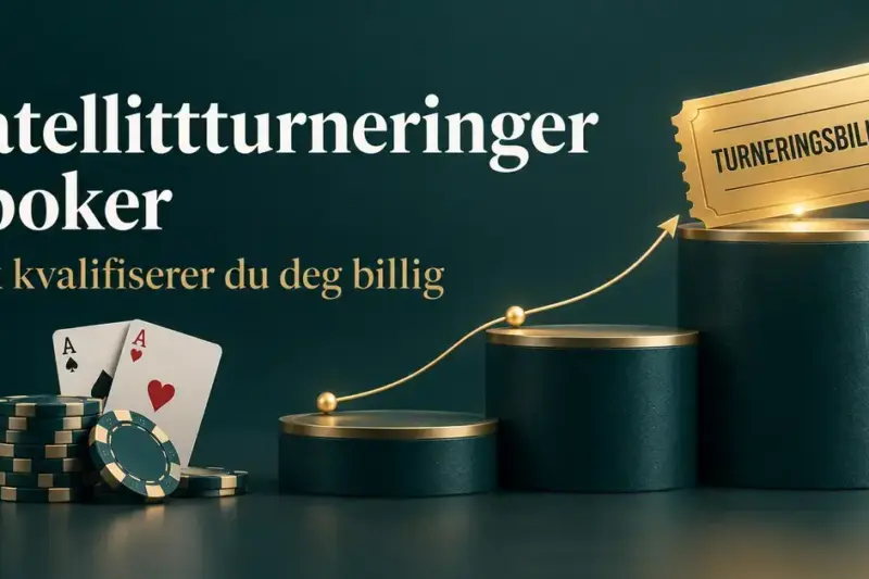 Pokerbrikker og spillkort ved en trapp med tre trinn som leder opp til en gyllen turneringsbillett, illustrerer kvalifisering gjennom satellittturneringer.